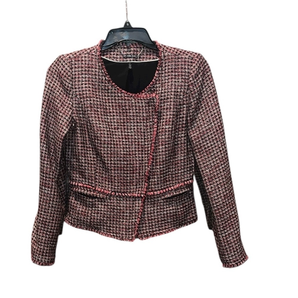 White House Black Market Tweed Plaid Tweed Fringe Metallic Jacket Size 4 - Picture 3 of 10
